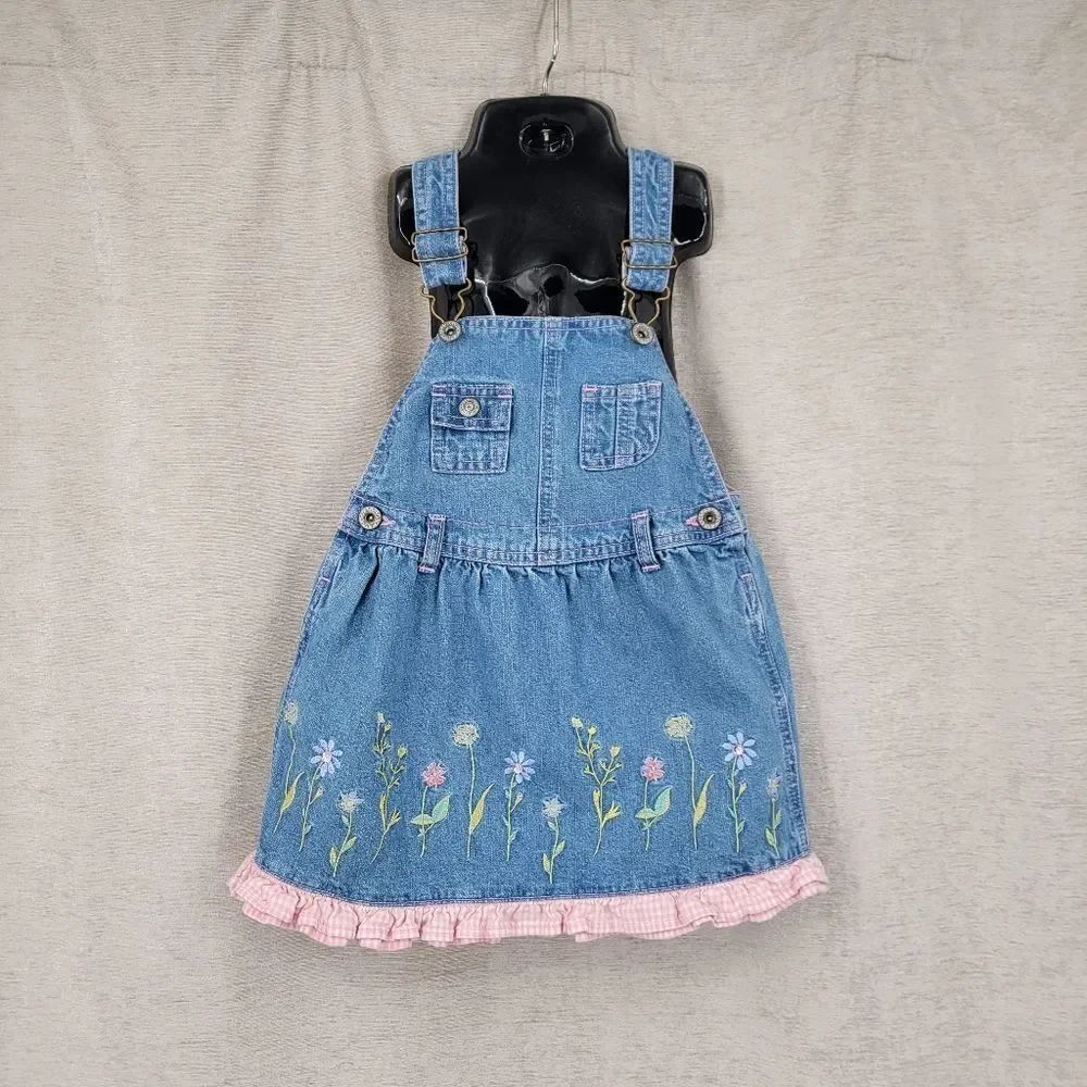Faded Glory Vintage Y2K Denim Floral Embroidered Overall Skirt Jumper Dress